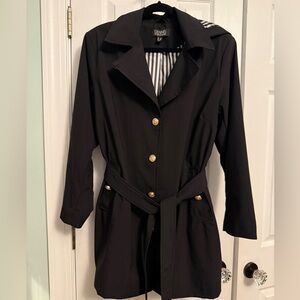 Dennis Basso Elegant Black Trench Coat with Gold Buttons